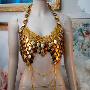 Fantasy chainmail scalemail armor gold brass bra halter top
